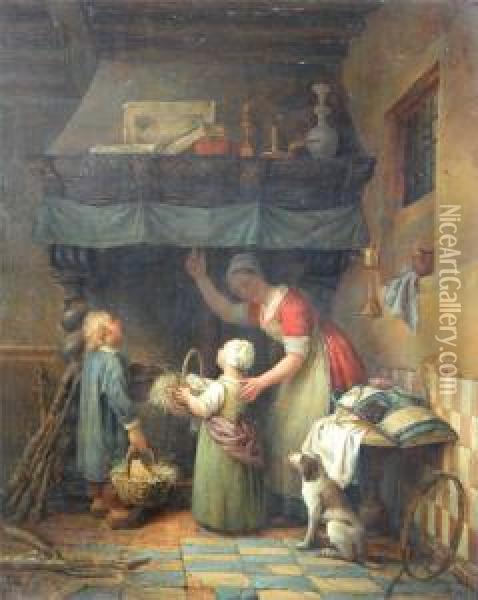 Mere Et Enfants Pres Du Feu Ouvert. Oil Painting - Ferdinand de Braekeleer