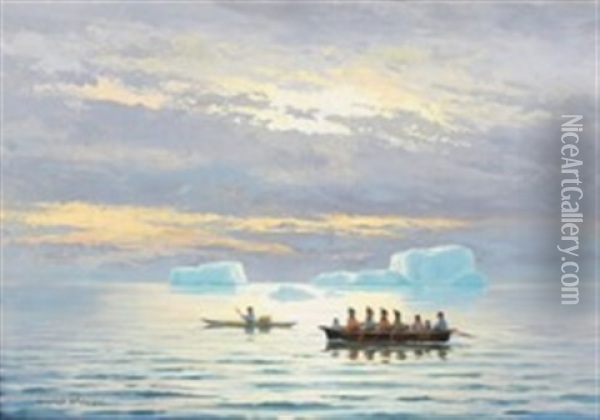 An Umiak And A Kayak On A Greenlandic Fjord Oil Painting - Emanuel A. Petersen