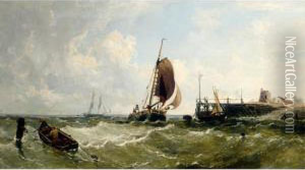 Shipping Off The Needles, Isle Of Wight Oil Painting - James Edwin Meadows