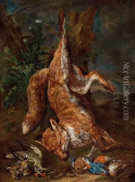 Two Hunting Still Lifes With A Shot Fox And Hares Oil Painting - Philipp Ferdinand de Hamilton