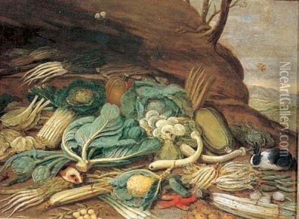 Natura Morta Con Ortaggi, Coniglio E Animaletti In Un Paesaggio Oil Painting - Jan Iii Van Kessel