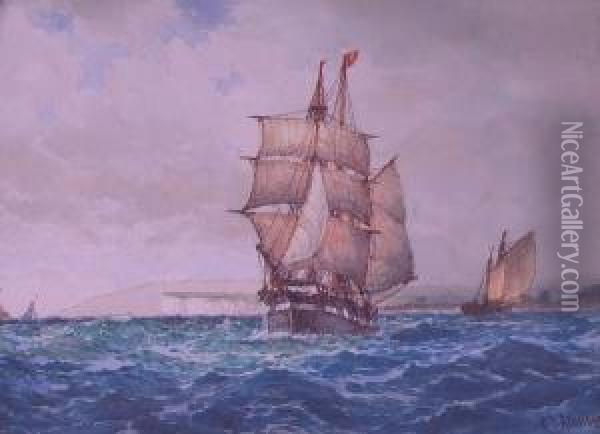 Ship Under Full Sail Off A Chalk Headland Oil Painting - Frederick James Aldridge