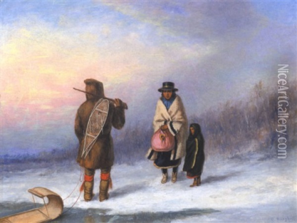 Indian Hunter With Toboggan Greeting A Native Woman And Child In A Winter Landscape, Quebec Oil Painting - Cornelius David Krieghoff