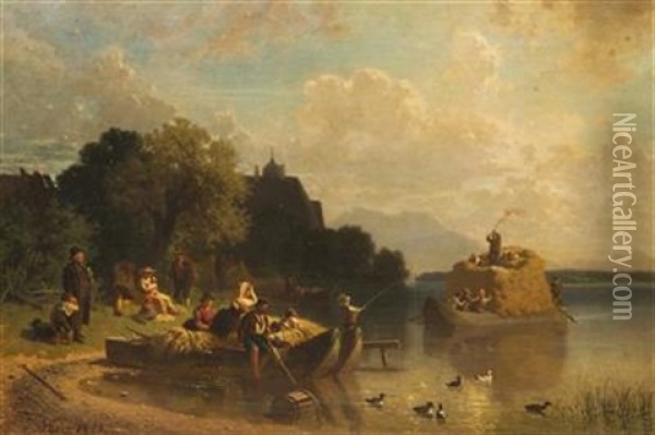 Boats Off The Shore Oil Painting - Julius Noerr