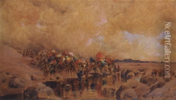 L'arrivee De La Caravane Dans L'oued Oil Painting - Eugene F. A. Deshayes