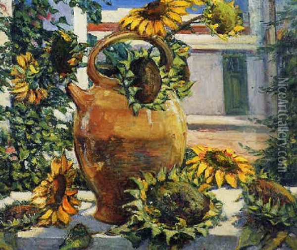 Still Life With Sunflowers In An Earthenware Jug Oil Painting - Pieter Hugo Naude