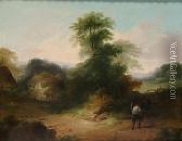 Country Landscape With A Figure In The Foreground Oil Painting - John Rathbone