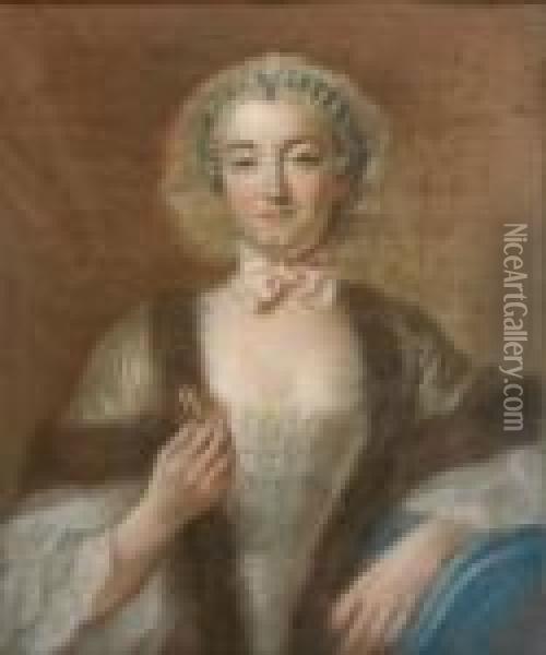 Portrait De Femme A La Robe Bordee Defourrure, Tenant Un Etui A La Main Oil Painting - Francois-Hubert Drouais