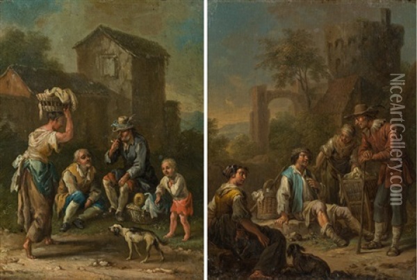 Genre Scenes (counterparts) Oil Painting - Johann Conrad Seekatz