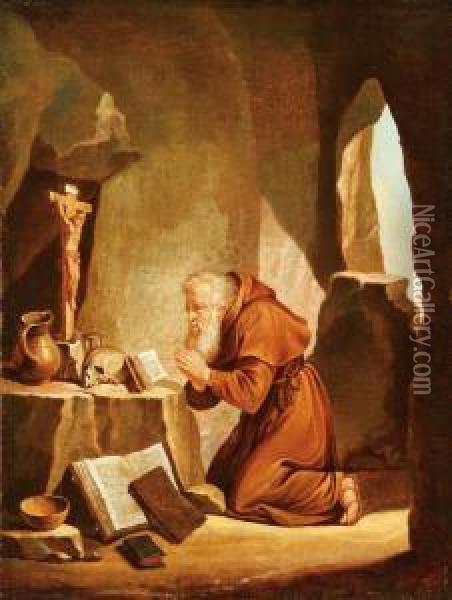 A Hermit Monk At Prayer Before A Crucifix Within A Cave Oil Painting - Johann Ullrich Stahelin