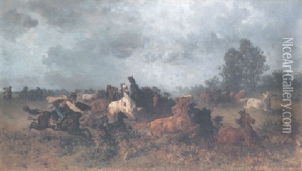 Ungarische Wildpferde In Der Puszta Oil Painting - Franz Adam