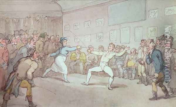 A Fencing Duel, probably depicting The Chevalier dEon, dressed as a woman Oil Painting - Thomas Rowlandson
