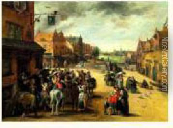 Halte Des Cavaliers Dans Un Village Oil Painting - Pieter I Van Der Hulst