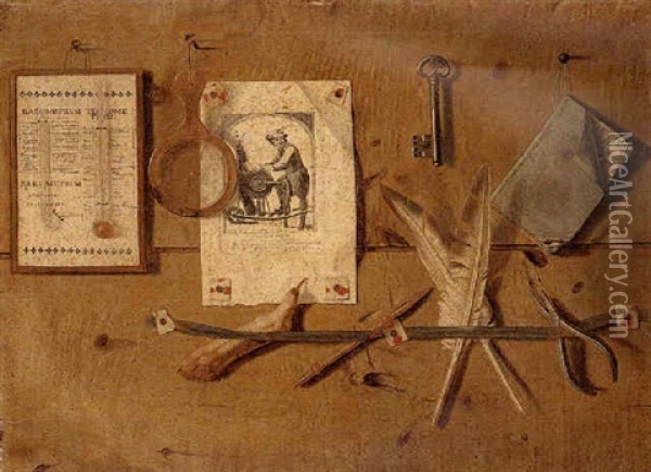 Trompe L'oeil Of A Barometer And Thermometer, Together With A Magnifying Glass, A Print Of Le Gagne Petit, A Key, And A Pen Oil Painting - Gabriel (Gaspard) Gresly