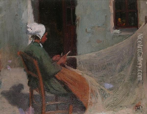 Woman Mending The Nets Oil Painting - Amy B. Atkinson