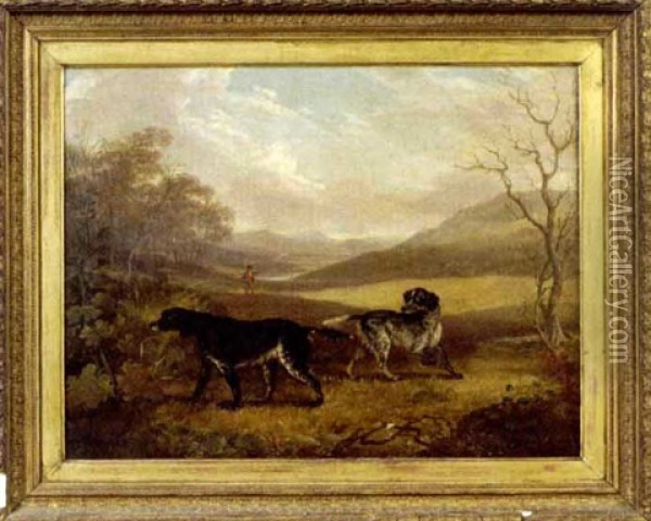 Two Spaniels And A Hunter In An Extensive Landscape Oil Painting - Philipp Reinagle