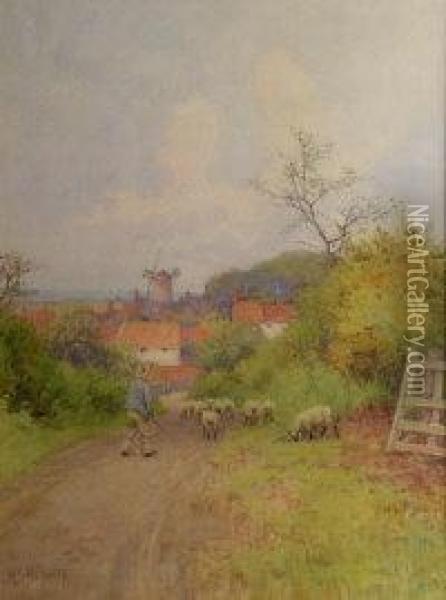 A Shepherd With His Flock On A Country Road Oil Painting - Mary S. Hagarty
