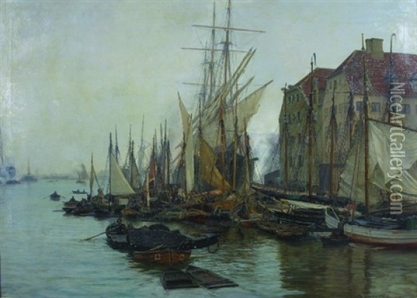 Ships In Harbour, Copenhagen Oil Painting - Vilhelm Karl Ferdinand Arnesen