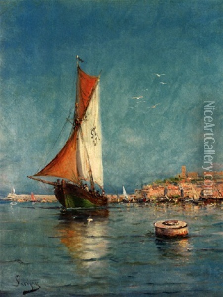 Auslaufendes Fischerboot Vor Sudlicher Hafenstadt Oil Painting - Henri Malfroy-Savigny