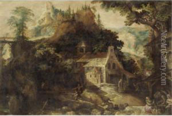A Mountainous River Landscape With A Chapel And A Tavern, With Fishermen Nearby Oil Painting - Frederik van Valkenborch