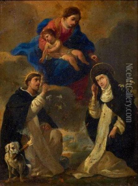 Saint Dominique Et Sainte Catherine De Sienne Priant La Vierge Al'enfant Oil Painting - Jean Daret