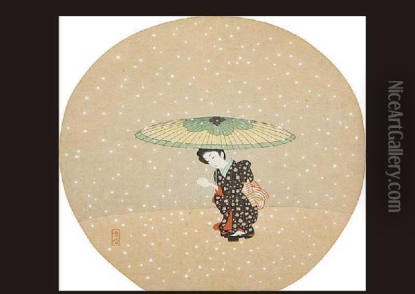 Open Umbrella Oil Painting - Komura Settai
