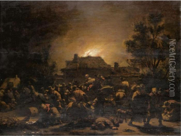 Soldiers Plundering And Burning A Village At Night Oil Painting - Egbert van der Poel