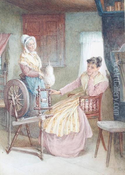 Interior With Young Woman Seated At A Spinning Wheel Oil Painting - Alfred Walter Bayes