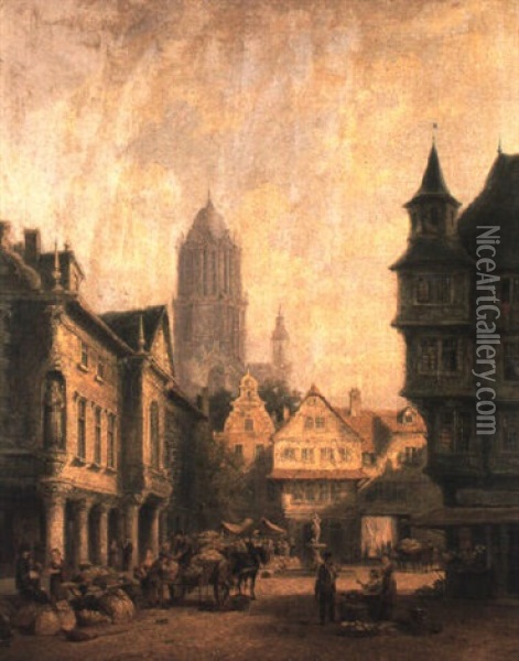 Busy Dutch Market Square Oil Painting - Pieter Cornelis Dommershuijzen