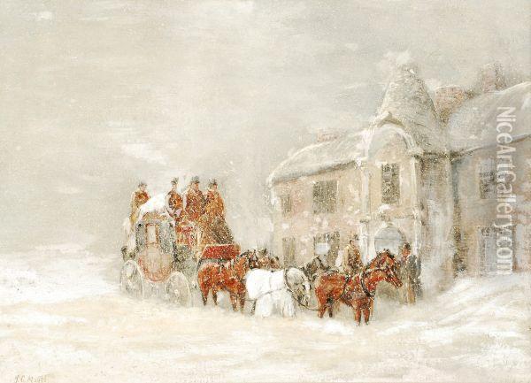 Coaching Scene In The Snow Outside An Inn Oil Painting - John Charles Maggs