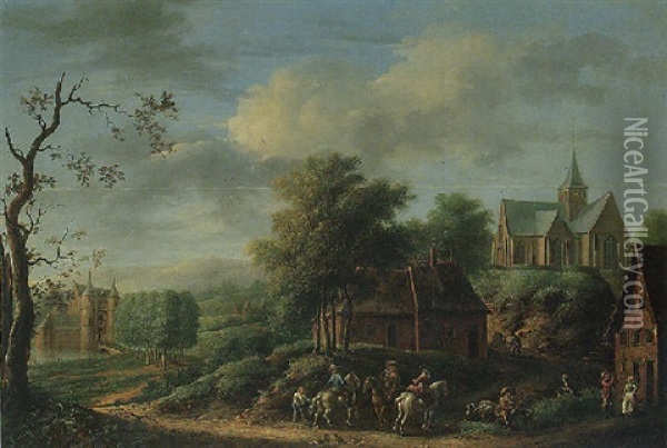 Landscape With A Hunting Party On The Edge Of A Village Oil Painting - Jean Francois de Wouters