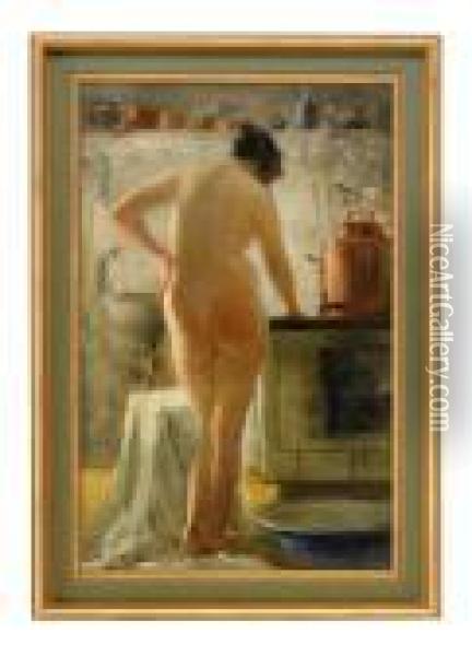 Female Nude In The Kitchen Oil Painting - Vitali Gavrilovitch Tikhov