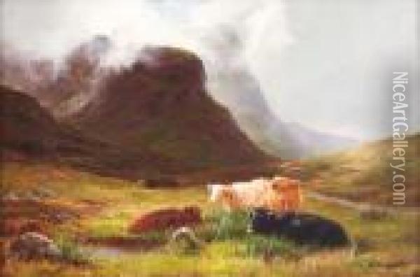 Cattle In A Highland Landscape Oil Painting - Louis Bosworth Hurt