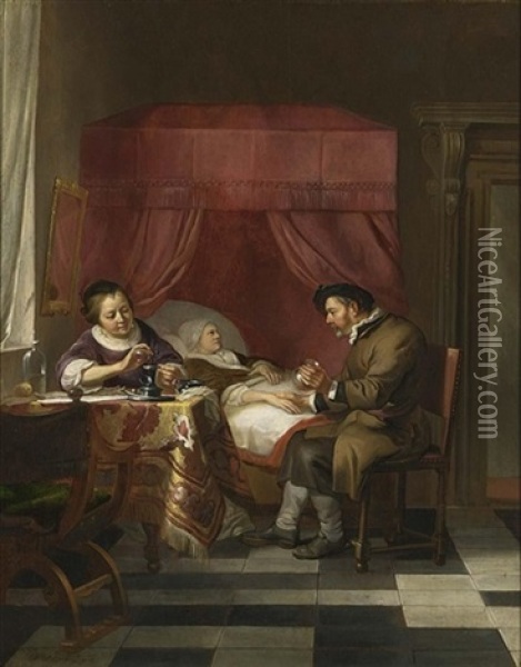 A Doctor's Visit With A Lady Pouring Medicine At The Table Oil Painting - Hendrik Heerschop