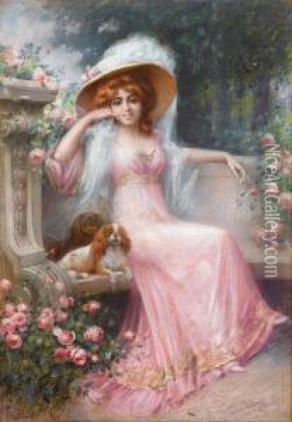 An Elegant Lady With Her Cavalier King Charles Spaniels Oil Painting - Delphin Enjolras