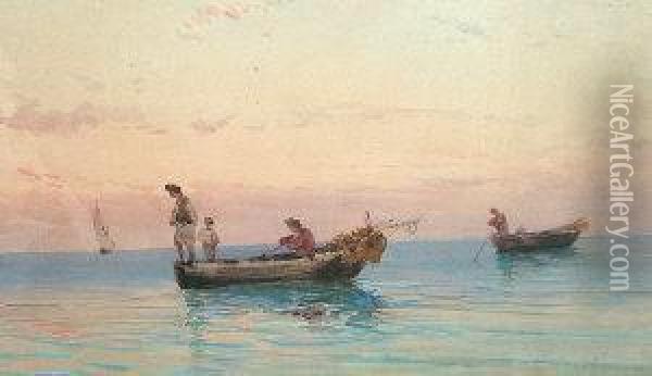 Fishermen In Boats On Tranquilwaters Oil Painting - Alessandro la Volpe