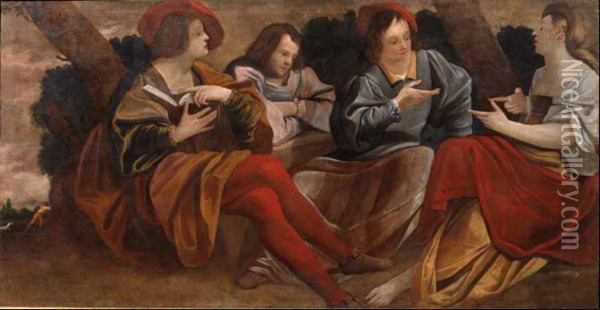 Figure Che Dialogano In Un Paesaggio Oil Painting - Pietro Della Vecchio