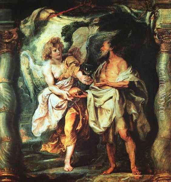 The Prophet Elijah Receiving Bread and Water from an Angel 1625-28 Oil Painting - Peter Paul Rubens