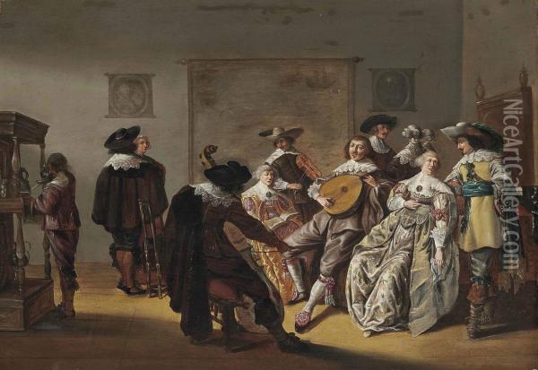 Elegant Company Making Music In An Interior Oil Painting - Pieter Codde