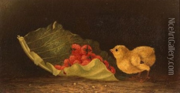 A Dainty Morsel/genre Scene With Chick And A Mound Of Strawberries Oil Painting - Thomas Hill