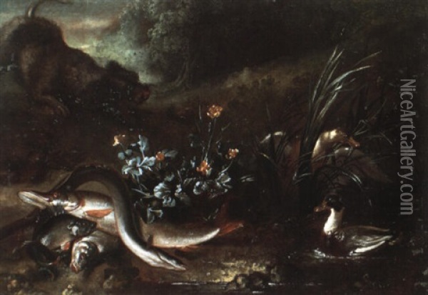 Chien En Arret, Poissons Et Canard Pres D'une Mare Oil Painting - Jean-Baptiste Oudry
