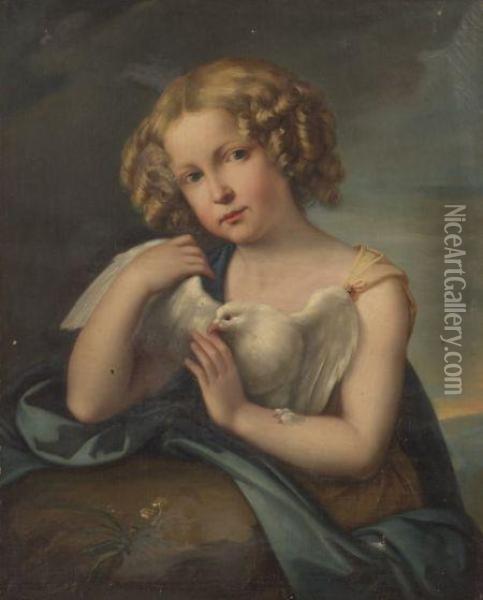 Girl Holding A Dove. Oil Painting - Edward Charles Williams