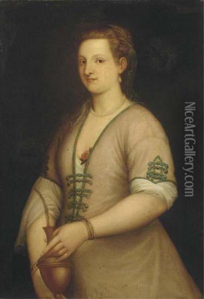 Portrait Of A Lady, Three-quarter-length, Holding An Urn Oil Painting - Tiziano Vecellio (Titian)