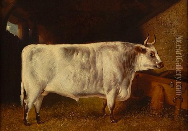 A Prize Bull In A Stable Oil Painting - Henry Barraud