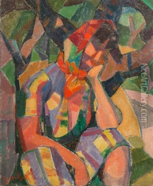 Femme Au Fichu Assise Dans Les Oliviers. Oil Painting - Andre Breuillaud