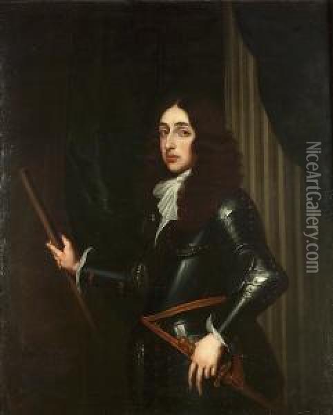 Portrait Of Henry, Duke Of 
Gloucester (1640-1660), Standing Three-quarter-length, In Armour With A 
Lace Jabot, Holding A Baton, Before A Draped Column Oil Painting - Jan van Boeckhorst