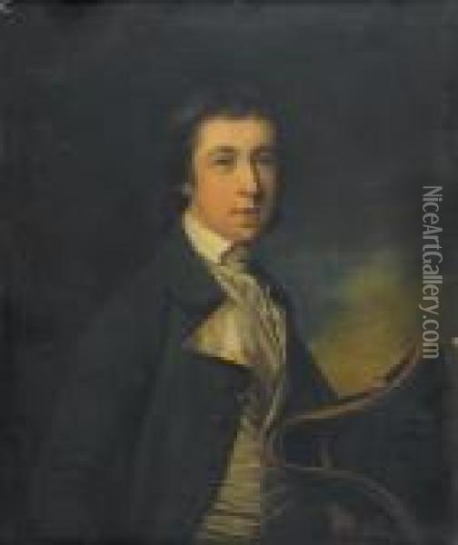 Portrait Of A Naval Cadet, Half-length, In A Green Coat And Holding A Tricorn Hat Oil Painting - Nathaniel Hone