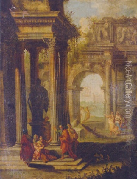 Philosophers Amongst Roman Ruins Oil Painting - Pierre Patel