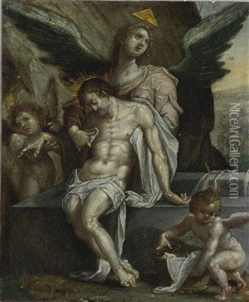 The Body Of Christ Supported By Angels Oil Painting - Hendrik Goltzius