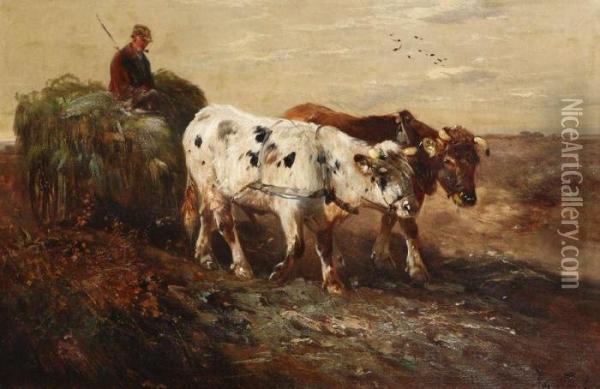 Heidegezicht Met Boer Op Hooiwagen Met Ossengespan Oil Painting - Henry Schouten
